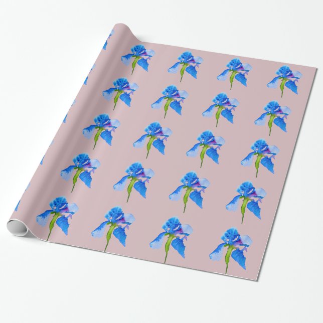 Blue Iris modern floral watercolour art Wrapping Paper (Unrolled)