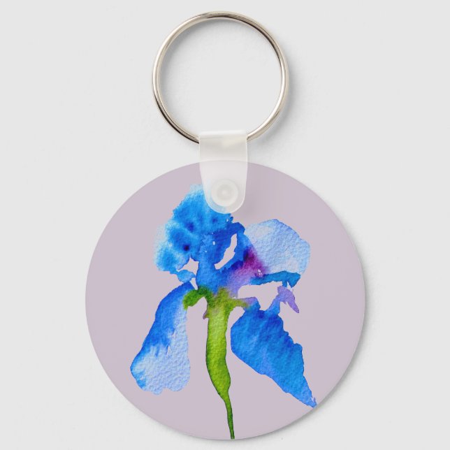 Blue Iris modern watercolor floral art Keychain (Front)