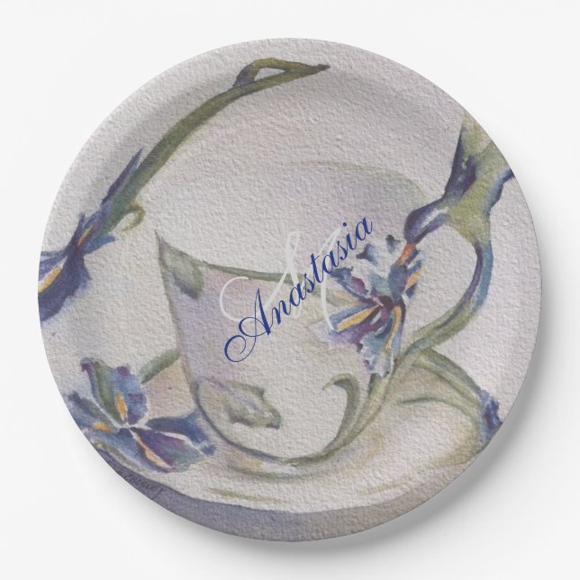 BLUE IRIS TEACUP MONOGRAM PARTY PAPER PLATE (Front)