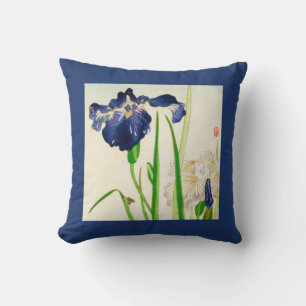 Blue Iris, Vintage Japanese Watercolor Print Throw Pillow