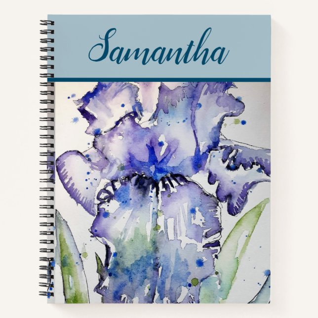 Blue Iris Watercolor floral Art Spiral Notebook (Front)