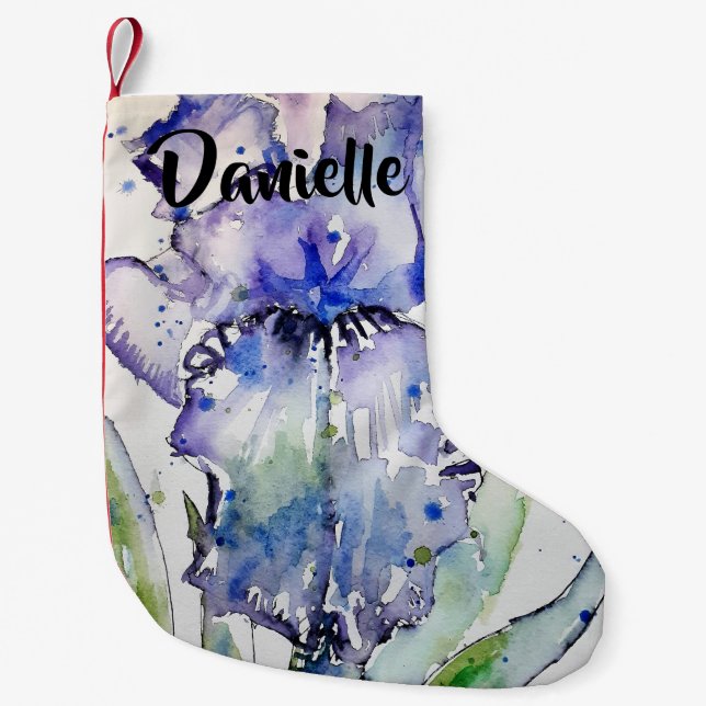 Blue Iris Watercolor Flowers Floral Name Stocking (Front)