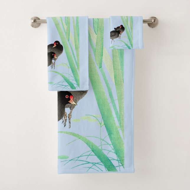 Blue Irises and Moorhens by Ohara Koson Bath Towel Set (Insitu)