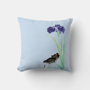 Blue Irises and Moorhens by Ohara Koson Throw Pillow