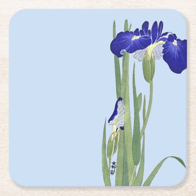 Blue Irises by Ohara Koson Square Paper Coaster (Front)