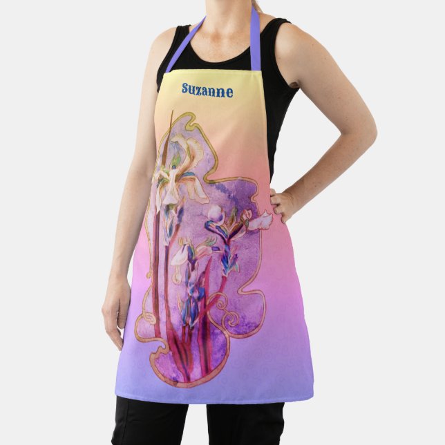 Blue Irises Floral Art Distressed Personalized Apron (Insitu)