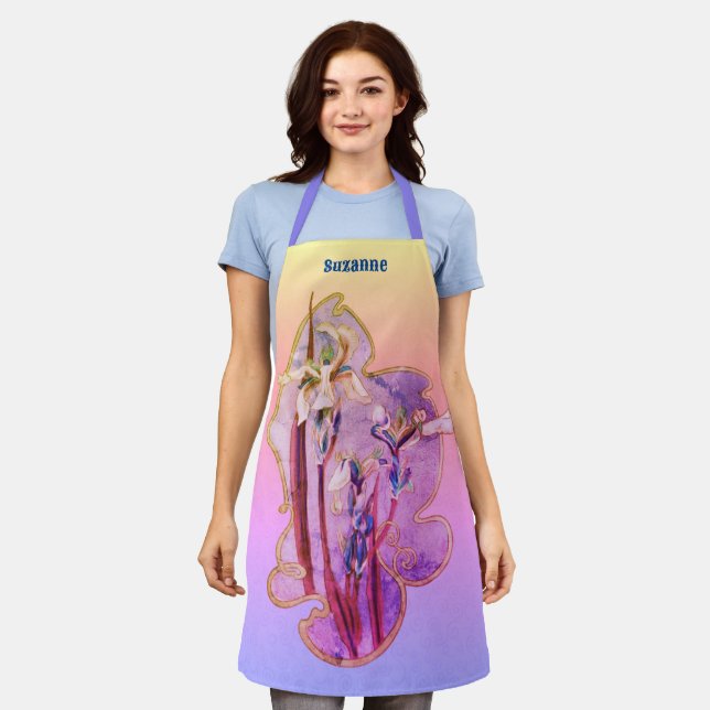 Blue Irises Floral Art Distressed Personalized Apron (Worn)