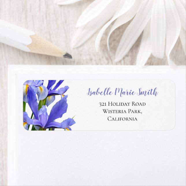 Blue Irises Floral Wedding Modern Return Address (Insitu)