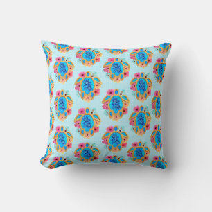 Blue Island Tropical Sea Turtles Floral Throw Pillow