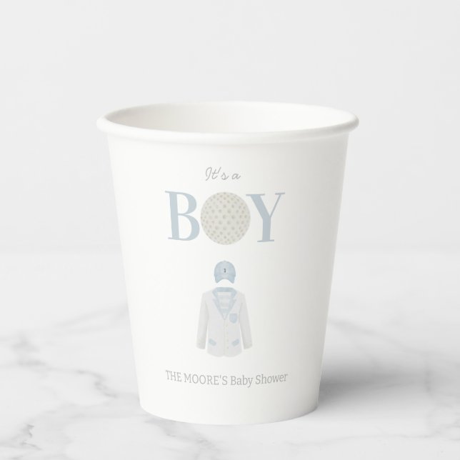 Blue it’s a boy golf theme baby shower  paper cups (Front)