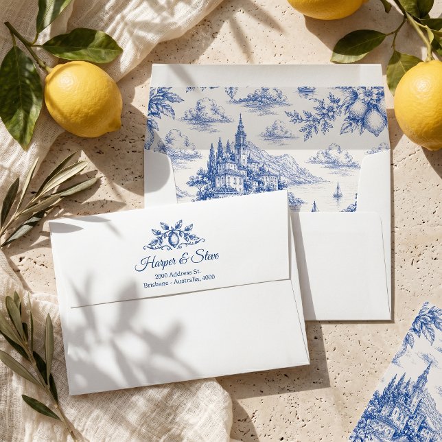 Blue Italian Coastal Toile Wedding Envelope (Creator Uploaded)