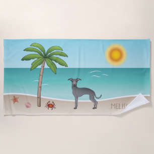 Blue Italian Greyhound At Tropical Summer Beach - Beach Towel