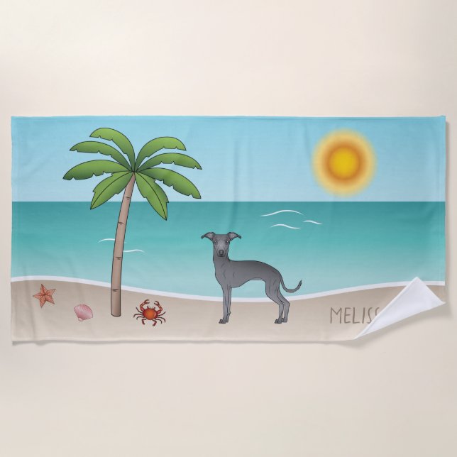 Blue Italian Greyhound At Tropical Summer Beach - Beach Towel (Front)