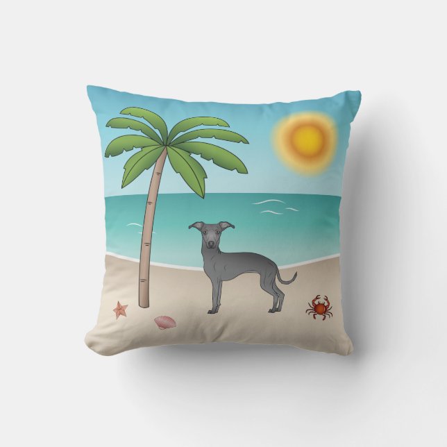 Blue Italian Greyhound At Tropical Summer Beach Throw Pillow (Front)