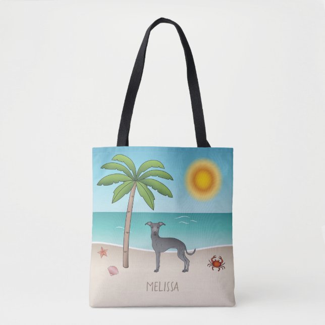 Blue Italian Greyhound At Tropical Summer Beach Tote Bag (Front)