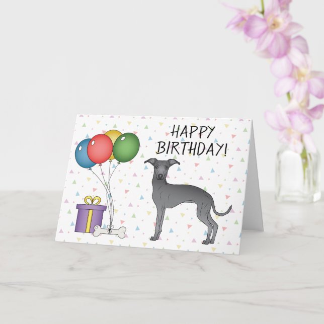 Blue Italian Greyhound Cartoon Dog Happy Birthday Card (Orchid)