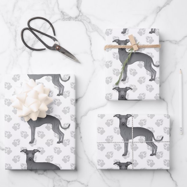 Blue Italian Greyhound Cartoon Dogs With Paws Wrapping Paper Sheet (Front)