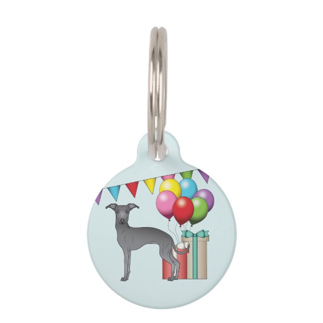 Blue Italian Greyhound Colourful Happy Birthday Pet Tag (Front)