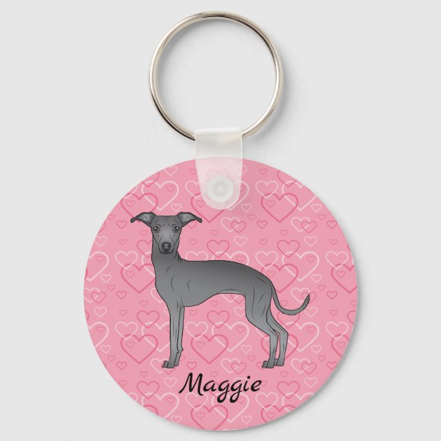 Blue Italian Greyhound Cute Dog On Pink Hearts Keychain (Front)