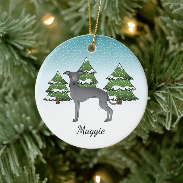 Blue Italian Greyhound Dog In A Winter Forest Ceramic Ornament (Tree)