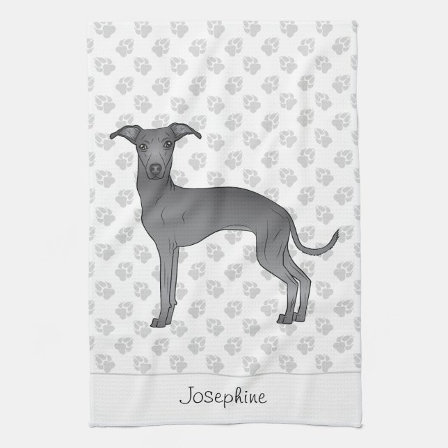 Blue Italian Greyhound With Custom Name Kitchen Towel (Vertical)