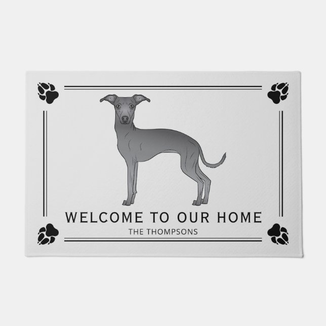 Blue Italian Greyhound With Paws And Custom Text Doormat (Front)