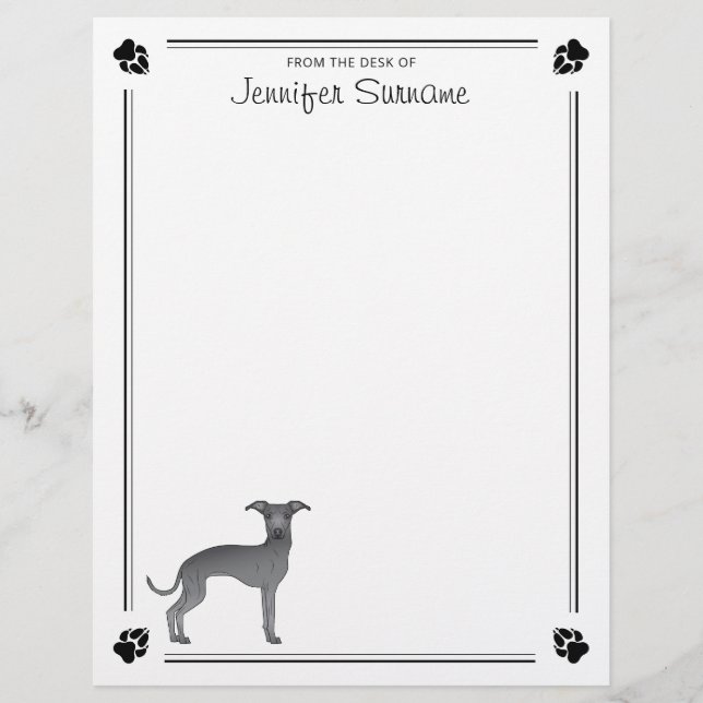 Blue Italian Greyhound With Paws And Custom Text Letterhead (Front)