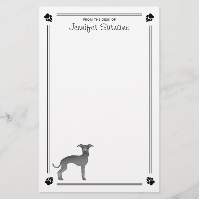 Blue Italian Greyhound With Paws And Custom Text Stationery (Front)