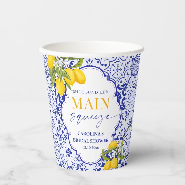 Blue Italian Main Squeeze Bridal Shower Lemon Paper Cups (Front)