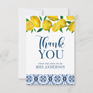 Blue Italian Tile Lemon Bridal Shower Thank You Card