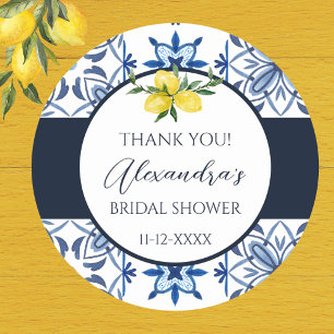Blue Italian Yellow Lemon Bridal Shower Thank You Classic Round Sticker