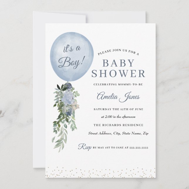 Blue It's a Boy Balloon Baby Shower Invitation (Front)