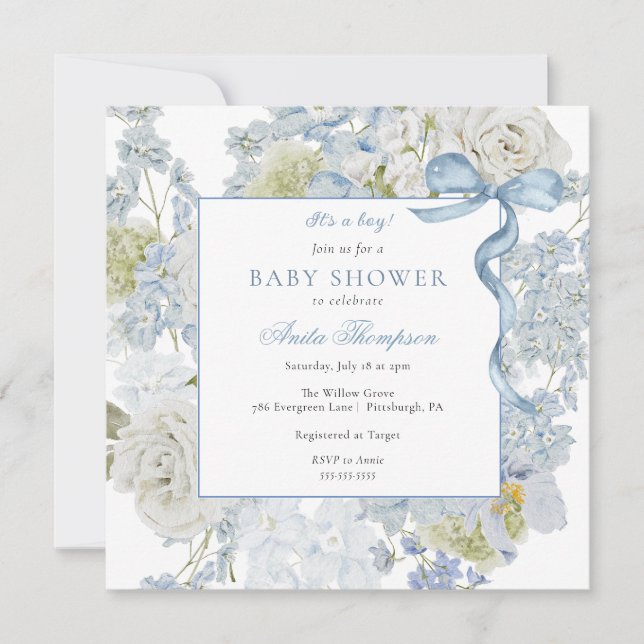 Blue It's a Boy Floral Bow Baby Shower Invitation (Front)