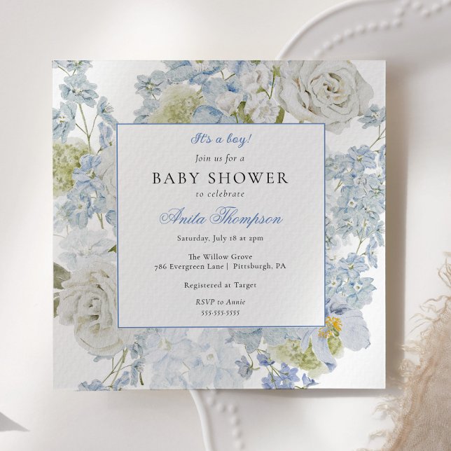 Blue It's a Boy Floral Bow Baby Shower Invitation (Creator Uploaded)
