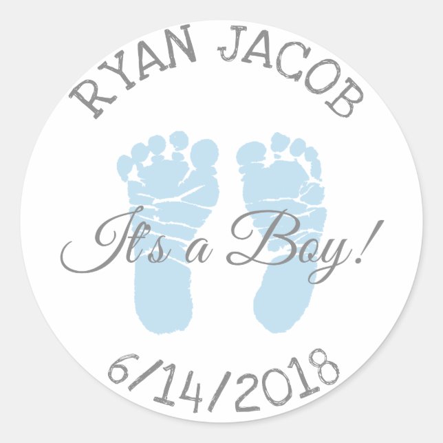 Blue Its a Boy Footprints Baby Shower Stickers (Front)