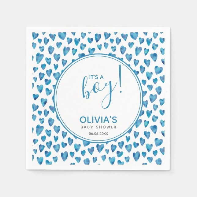 Blue It's A Boy Heart Baby Shower Napkin (Front)