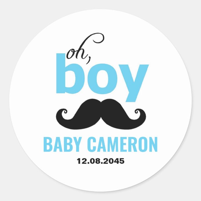 Blue It's a Boy Moustache Baby Shower Sticker (Front)