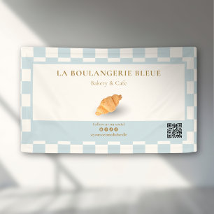 Blue Ivory Checker Croissant QR Bakery Marketing Banner