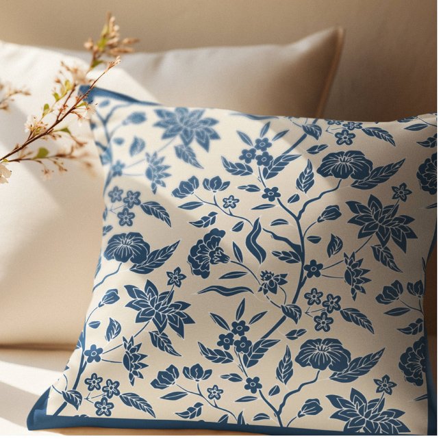 Blue Ivory Chinoiserie Floral Pattern Throw Pillow (Creator Uploaded)
