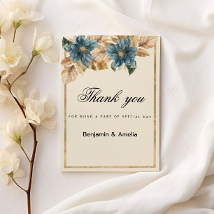 Blue ivory gold fall spring floral Thank You Invitation