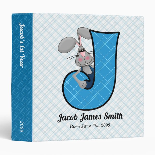 Blue Jackrabbit Monogram Letter J Baby Scrapbook Binder (Front/Spine)