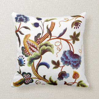 Blue Jacobean Crewel Embroidery Throw Pillow