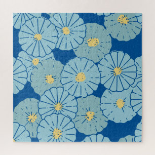 Blue Japanese Floral Pattern Illustration Jigsaw Puzzle