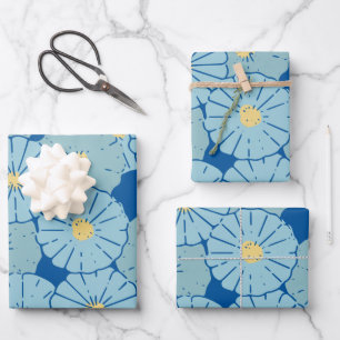 Blue Japanese Floral Pattern Illustration  Wrapping Paper Sheet