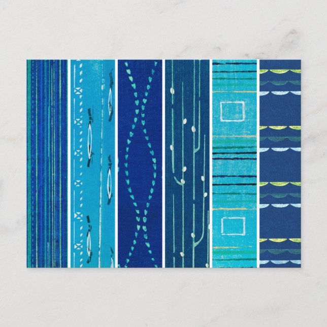 Blue Japanese Woodblock Textile Patterns Postcard (Front)