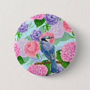 Blue jay and flowers watercolor pattern 2 inch round button