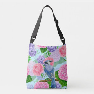 Blue jay and flowers watercolor pattern crossbody bag