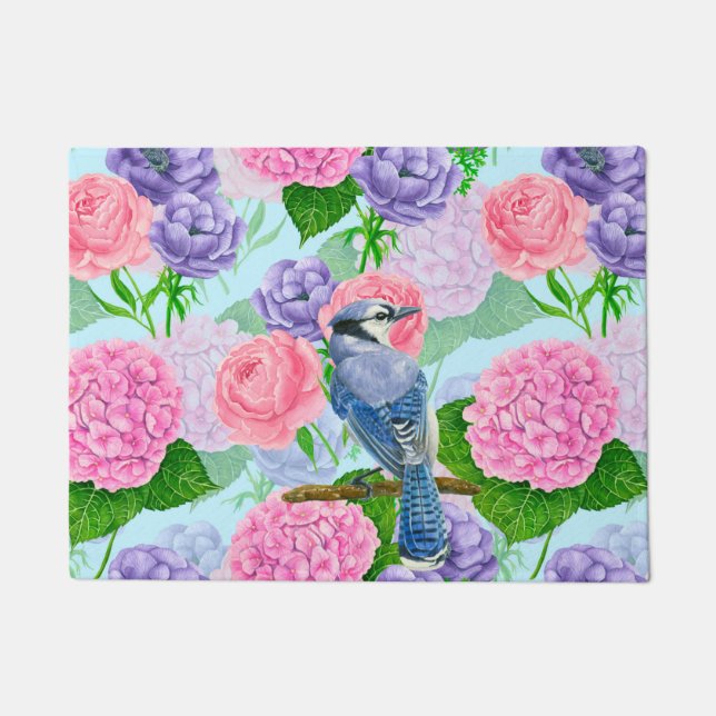 Blue jay and flowers watercolor pattern doormat (Front)