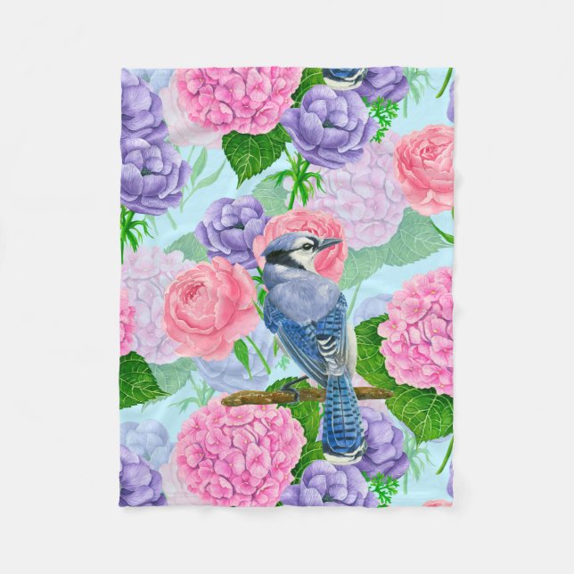 Blue jay and flowers watercolor pattern fleece blanket (Front)