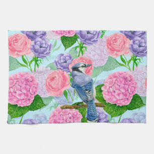 Blue jay and flowers watercolor pattern kitchen towel